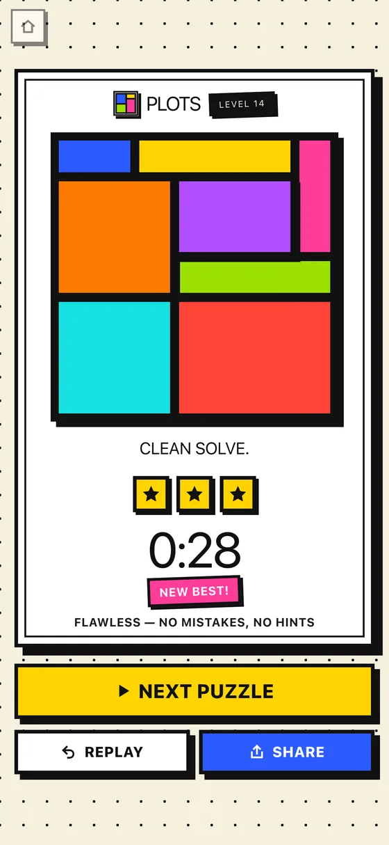 Plots on iPhone: a solved board of colored rectangles, three stars, a new best time