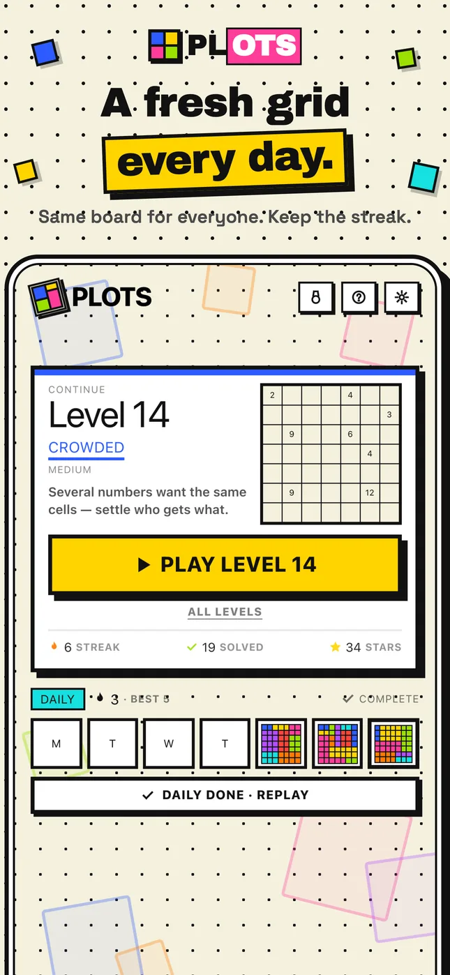 A fresh grid every day — the home screen with the daily strip